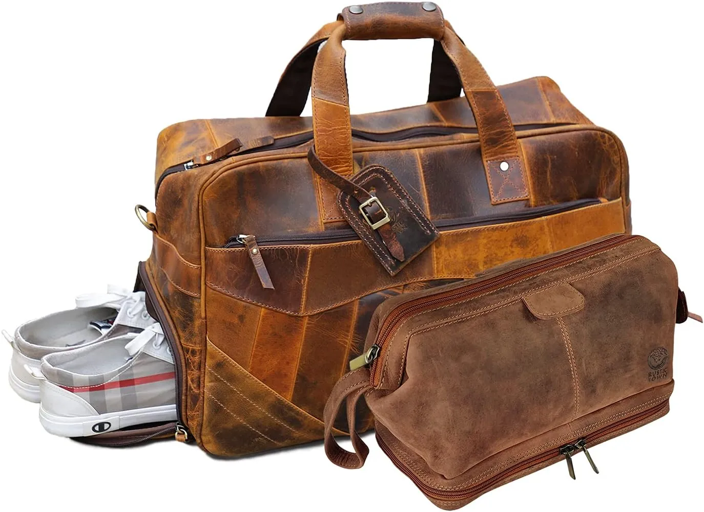 Leather Duffel Bag & Toiletry Bag Combo - The Best Masculine Travel Gift For Men