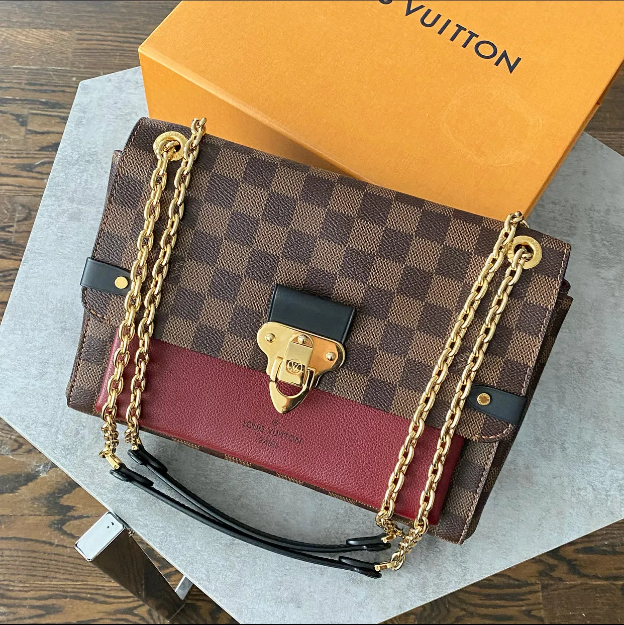 Louis Vuitton Vavin Chain PM Damier Ebene Burgundy Shoulder Bag