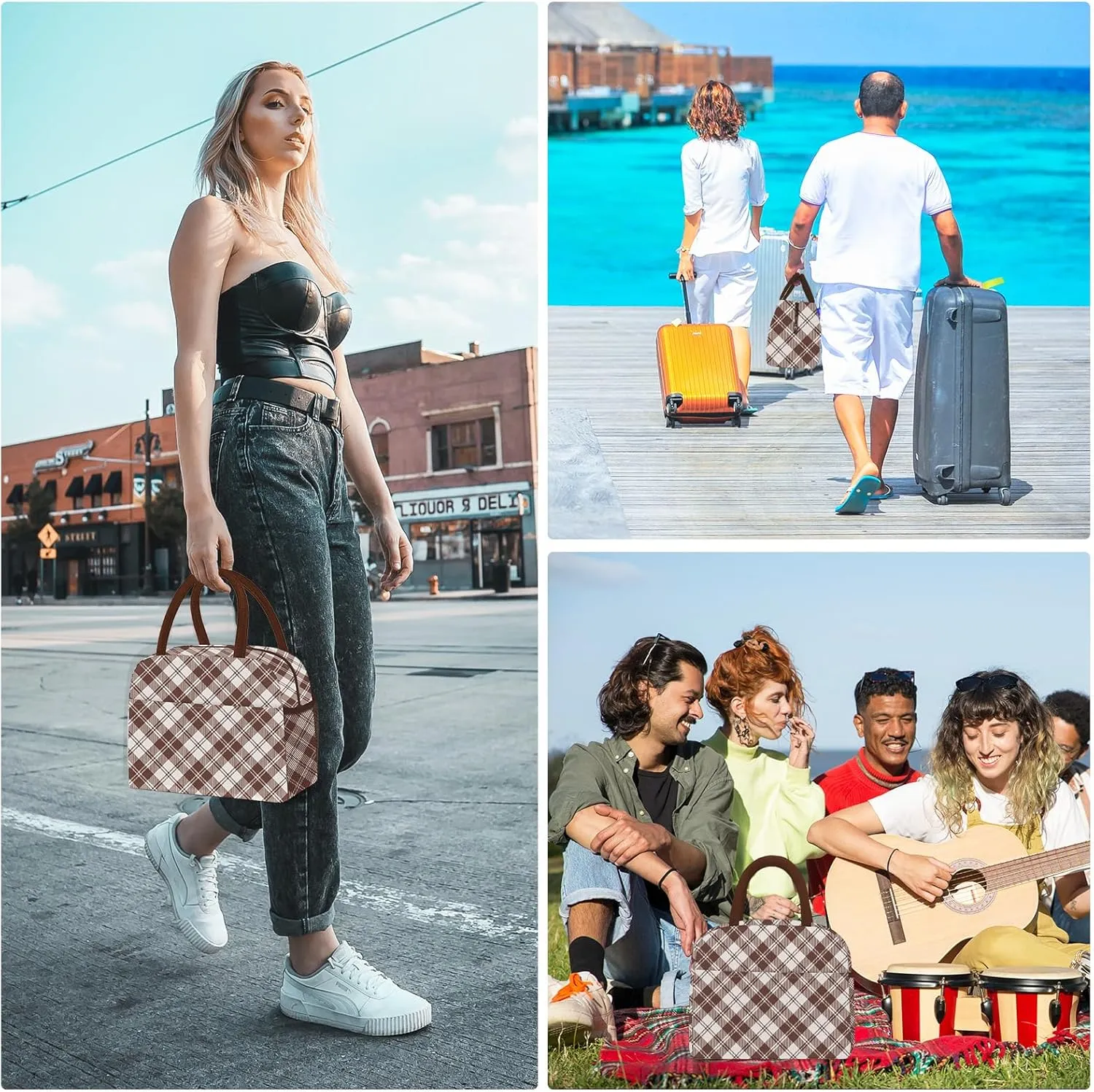 Lunch Bag Lunch Box for Women Men Reusable Insulated Cooler Lunch Tote Bags, Leakproof Cute LunchBag Large Capacity for Work Travel Picnic,Brown Grid