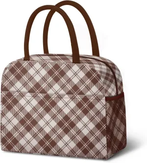 Lunch Bag Lunch Box for Women Men Reusable Insulated Cooler Lunch Tote Bags, Leakproof Cute LunchBag Large Capacity for Work Travel Picnic,Brown Grid