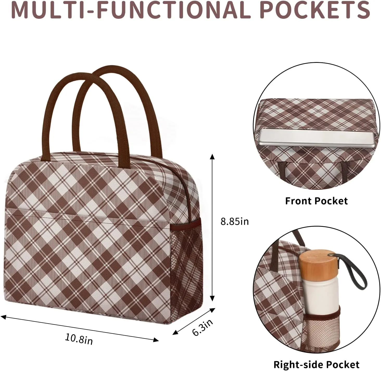 Lunch Bag Lunch Box for Women Men Reusable Insulated Cooler Lunch Tote Bags, Leakproof Cute LunchBag Large Capacity for Work Travel Picnic,Brown Grid