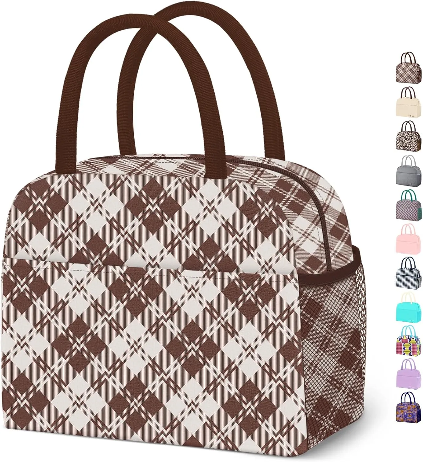 Lunch Bag Lunch Box for Women Men Reusable Insulated Cooler Lunch Tote Bags, Leakproof Cute LunchBag Large Capacity for Work Travel Picnic,Brown Grid