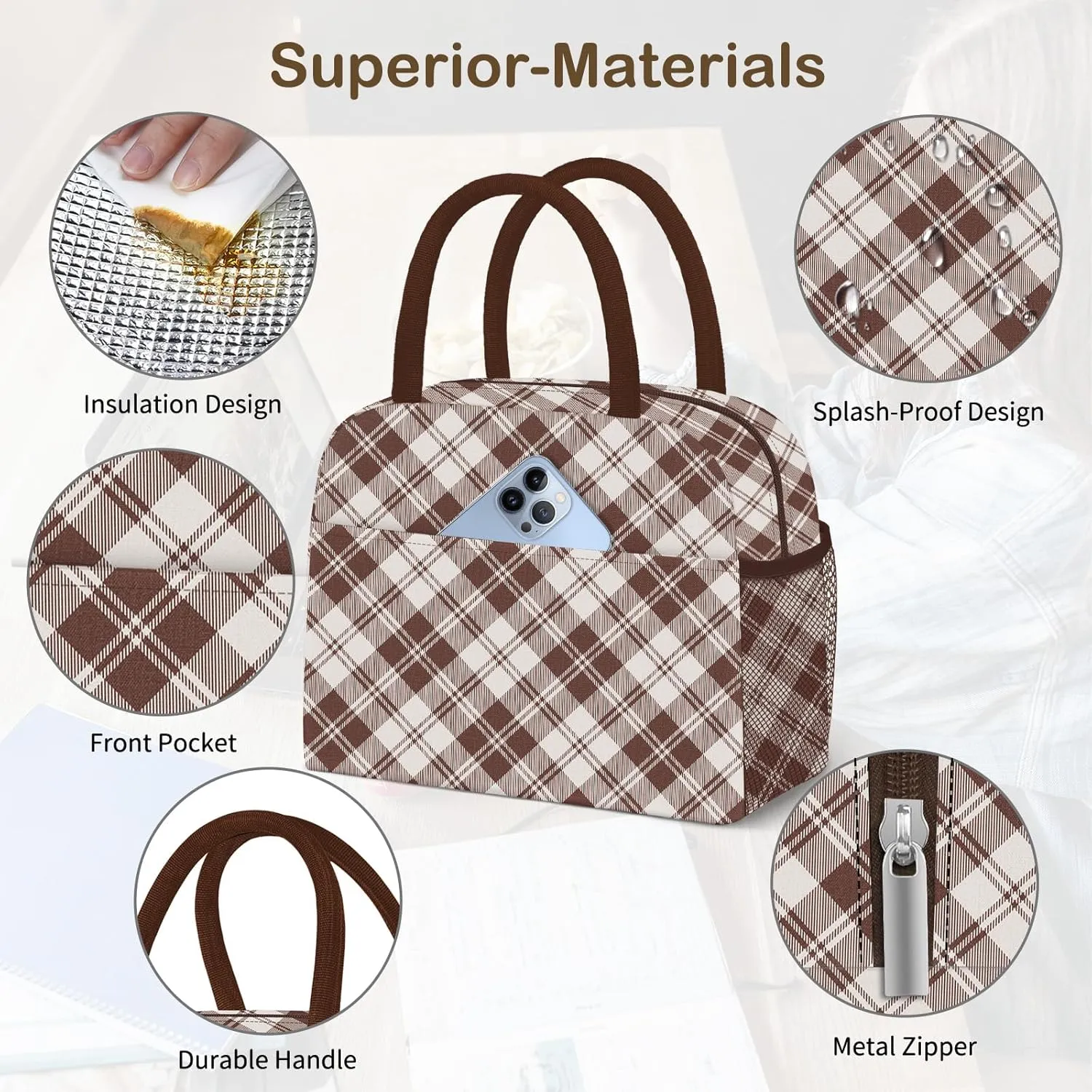 Lunch Bag Lunch Box for Women Men Reusable Insulated Cooler Lunch Tote Bags, Leakproof Cute LunchBag Large Capacity for Work Travel Picnic,Brown Grid