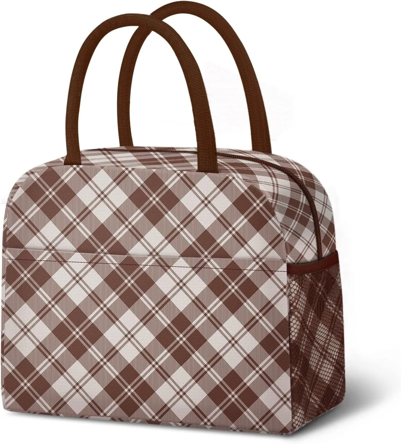 Lunch Bag Lunch Box for Women Men Reusable Insulated Cooler Lunch Tote Bags, Leakproof Cute LunchBag Large Capacity for Work Travel Picnic,Brown Grid