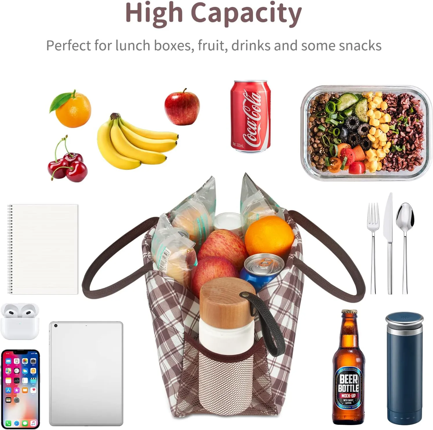 Lunch Bag Lunch Box for Women Men Reusable Insulated Cooler Lunch Tote Bags, Leakproof Cute LunchBag Large Capacity for Work Travel Picnic,Brown Grid