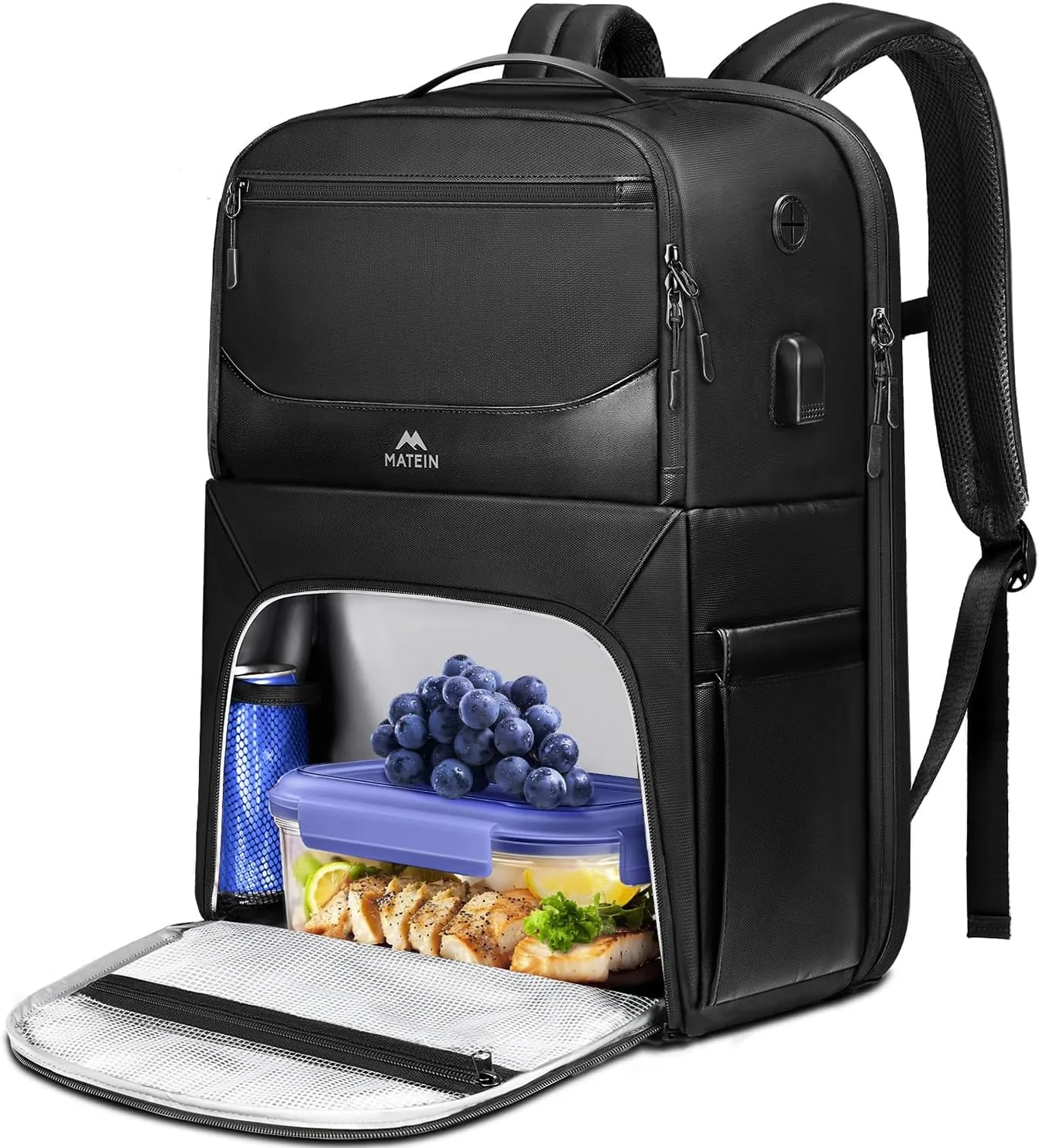 MATEIN Lunch Backpack for Men Work, Large 17 Inch Laptop Back Pack with USB Port, Waterproof PU-coated Insulated Backpack with Cooler Compartment & Cutlery Pocket, Commuter Bag for Office Business