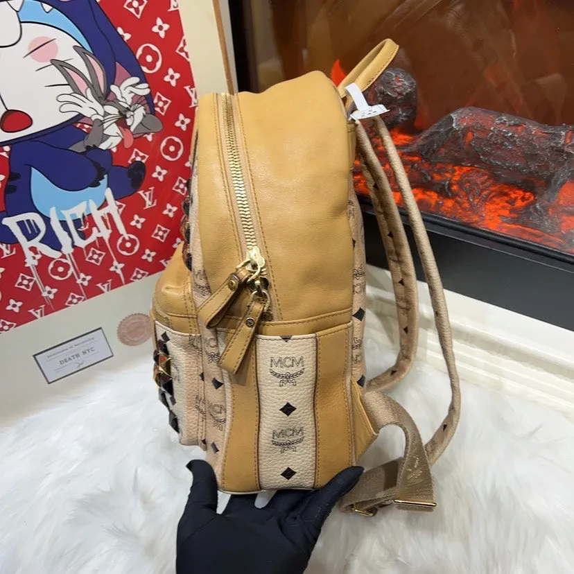 MCM Beige Cognac Stark Studded Backpack Medium