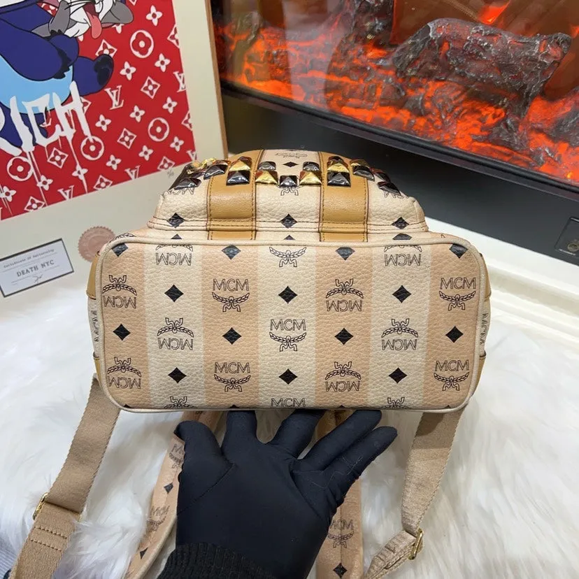 MCM Beige Cognac Stark Studded Backpack Medium