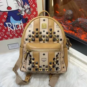 MCM Beige Cognac Stark Studded Backpack Medium