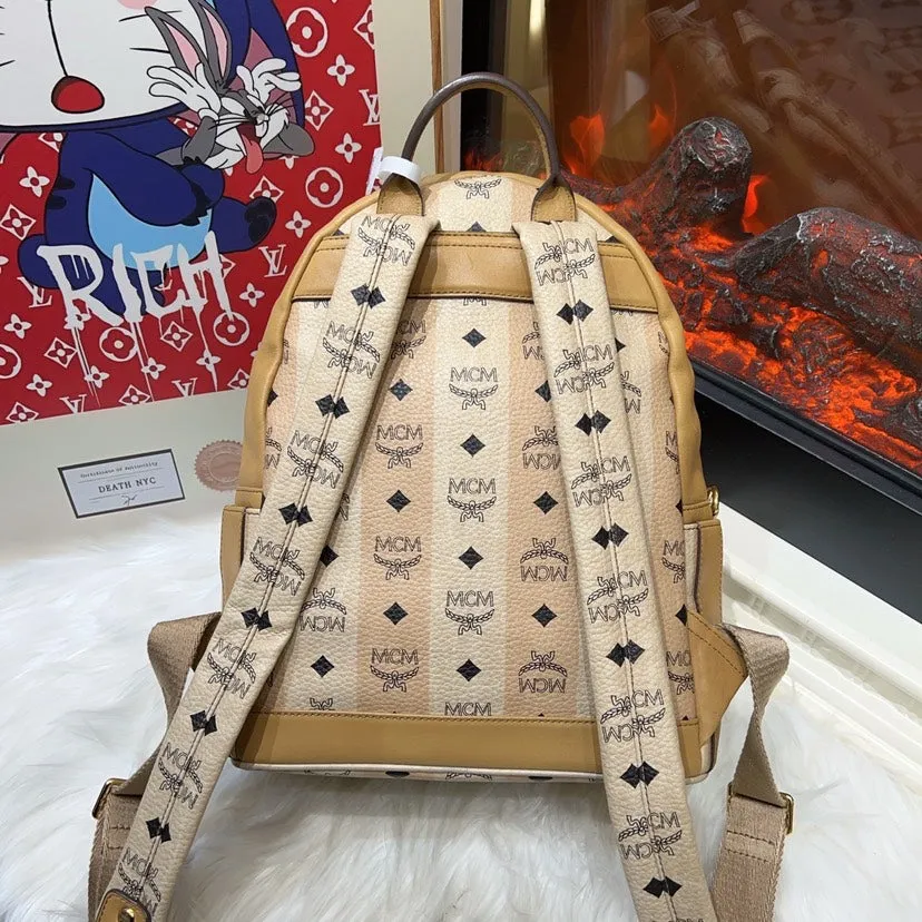MCM Beige Cognac Stark Studded Backpack Medium