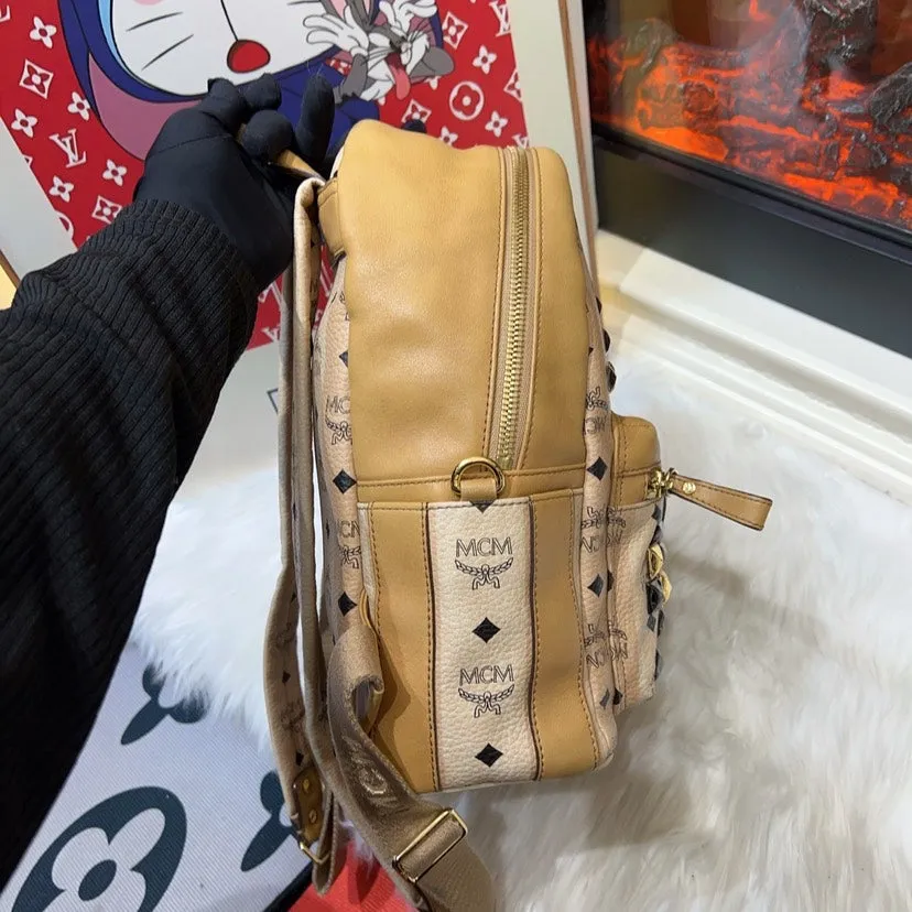 MCM Beige Cognac Stark Studded Backpack Medium