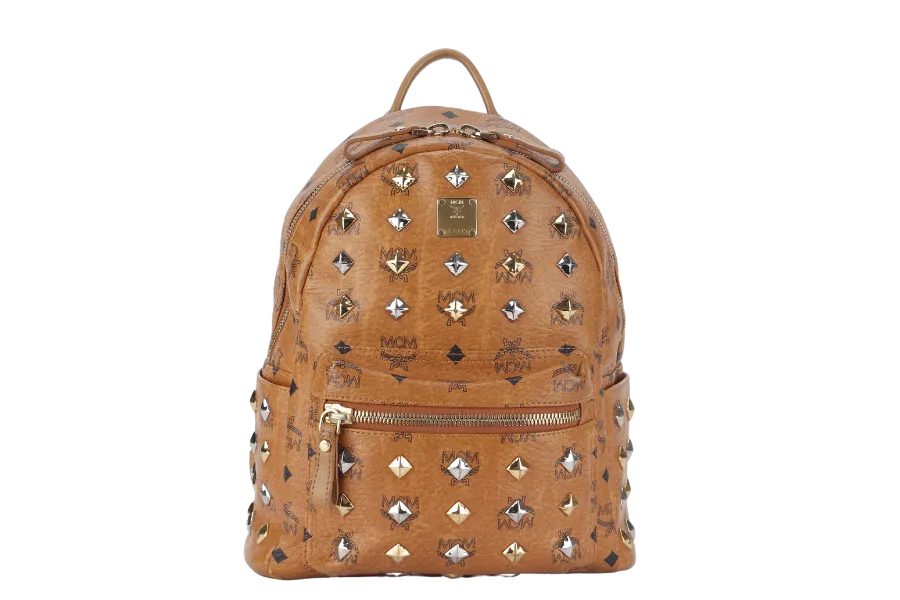 MCM VISETOS STUDDED STARK BACKPACK MEDIUM BROWN LEATHER GOLD HARDWARE WITH DUST COVER