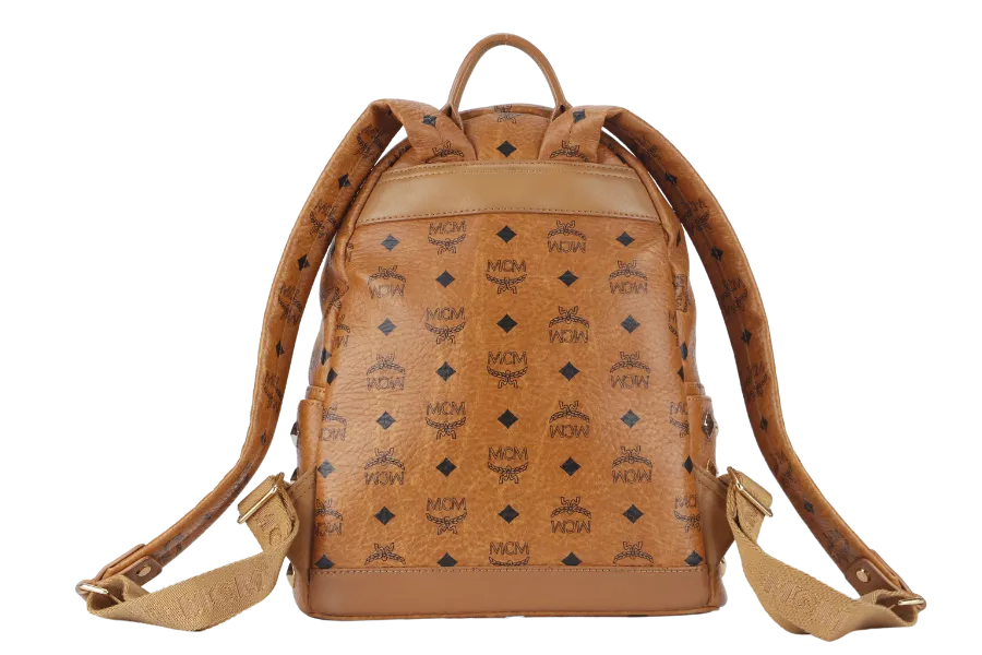 MCM VISETOS STUDDED STARK BACKPACK MEDIUM BROWN LEATHER GOLD HARDWARE WITH DUST COVER