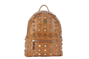 MCM VISETOS STUDDED STARK BACKPACK MEDIUM BROWN LEATHER GOLD HARDWARE WITH DUST COVER