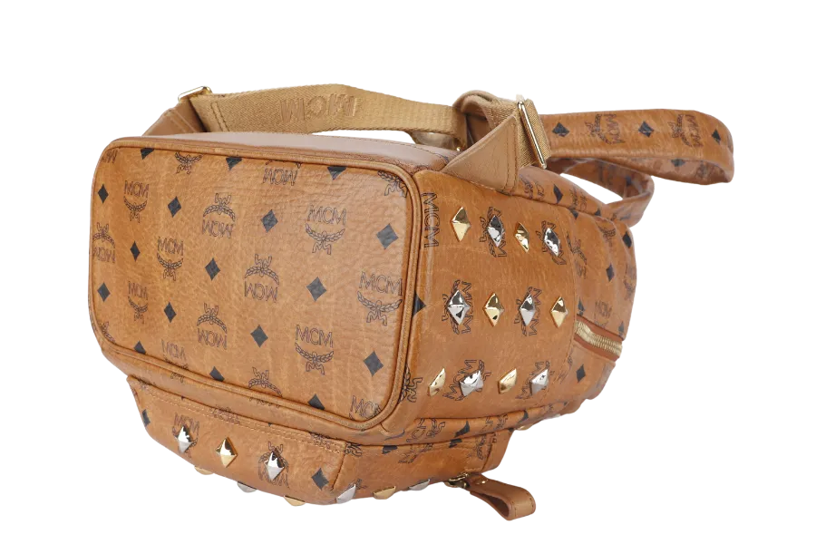 MCM VISETOS STUDDED STARK BACKPACK MEDIUM BROWN LEATHER GOLD HARDWARE WITH DUST COVER