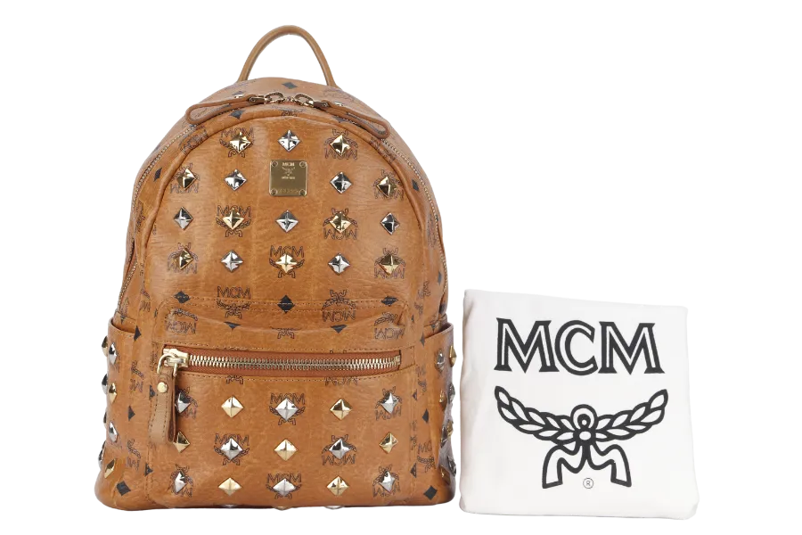 MCM VISETOS STUDDED STARK BACKPACK MEDIUM BROWN LEATHER GOLD HARDWARE WITH DUST COVER