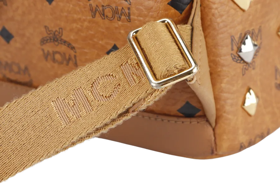 MCM VISETOS STUDDED STARK BACKPACK MEDIUM BROWN LEATHER GOLD HARDWARE WITH DUST COVER