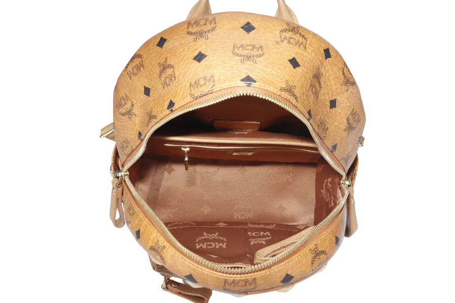 MCM VISETOS STUDDED STARK BACKPACK MEDIUM BROWN LEATHER GOLD HARDWARE WITH DUST COVER