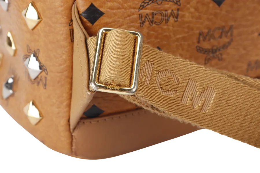 MCM VISETOS STUDDED STARK BACKPACK MEDIUM BROWN LEATHER GOLD HARDWARE WITH DUST COVER