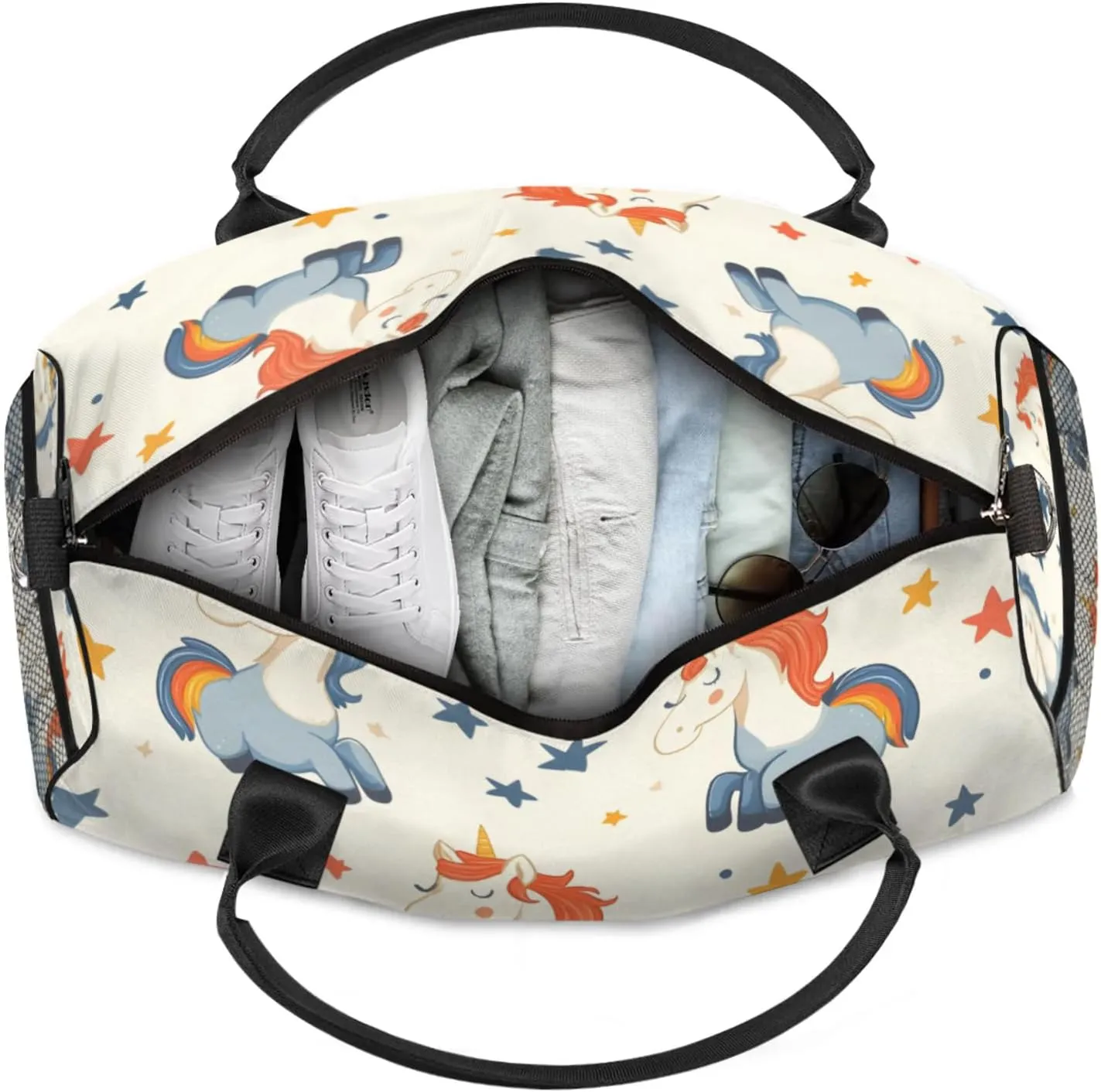 Personalized Unicorn Travel Duffel Bag with Name, Custom Gym Sport Bag Fun Cartoon Carry On Weekend Overnight Duffel Bag for Men Women