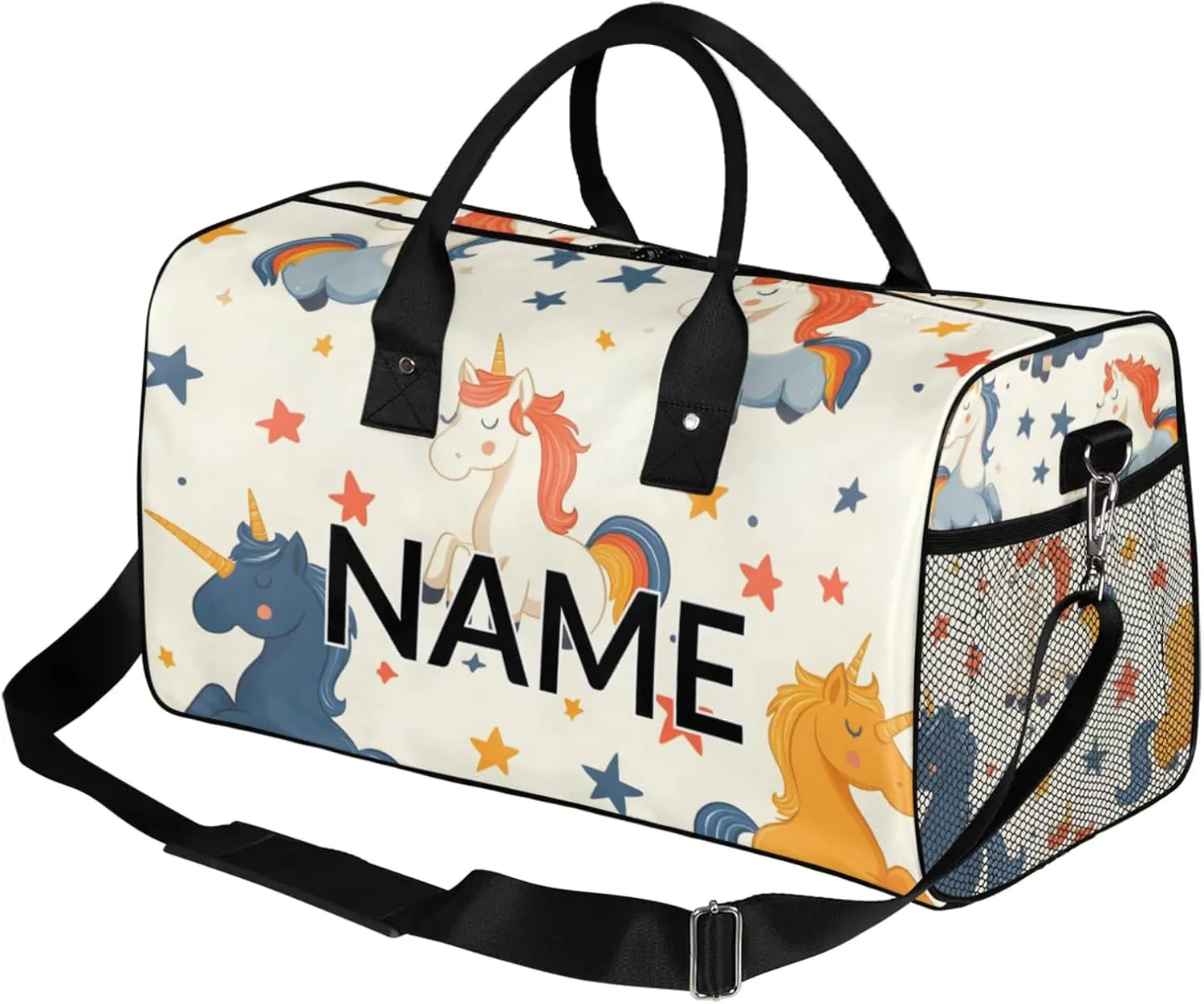Personalized Unicorn Travel Duffel Bag with Name, Custom Gym Sport Bag Fun Cartoon Carry On Weekend Overnight Duffel Bag for Men Women