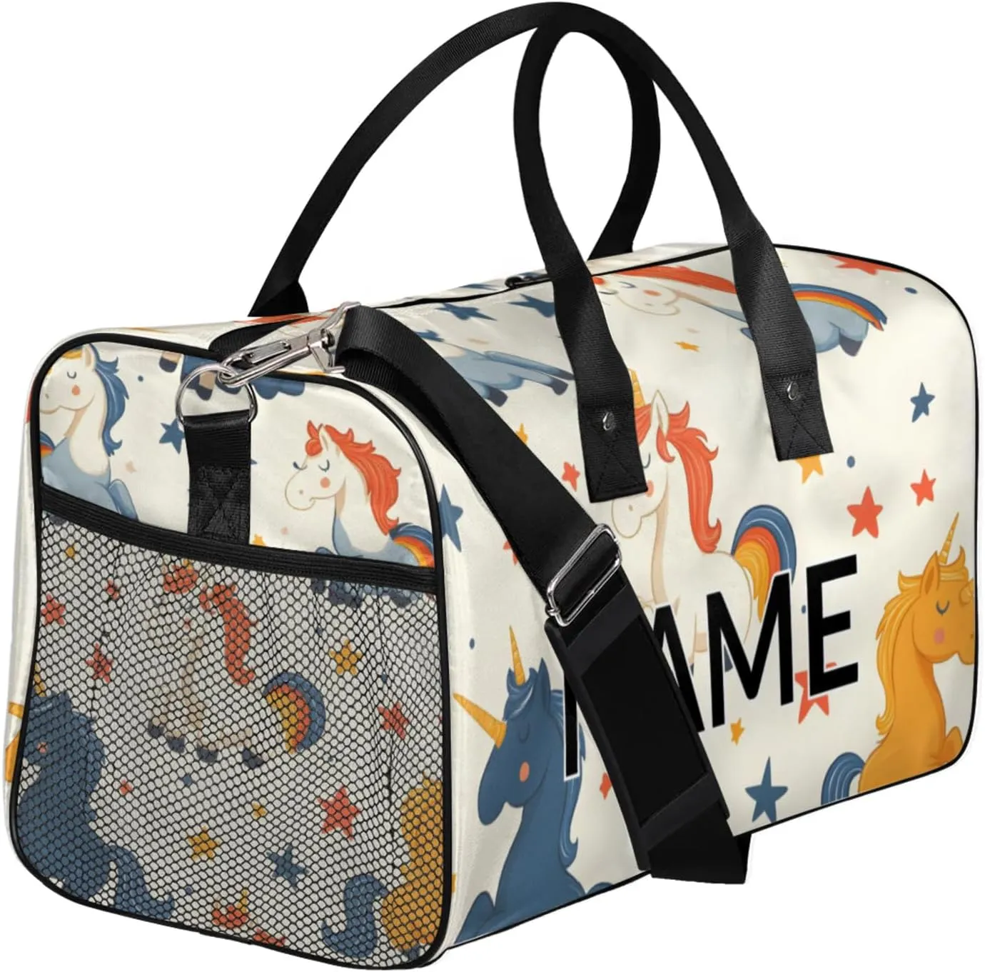 Personalized Unicorn Travel Duffel Bag with Name, Custom Gym Sport Bag Fun Cartoon Carry On Weekend Overnight Duffel Bag for Men Women
