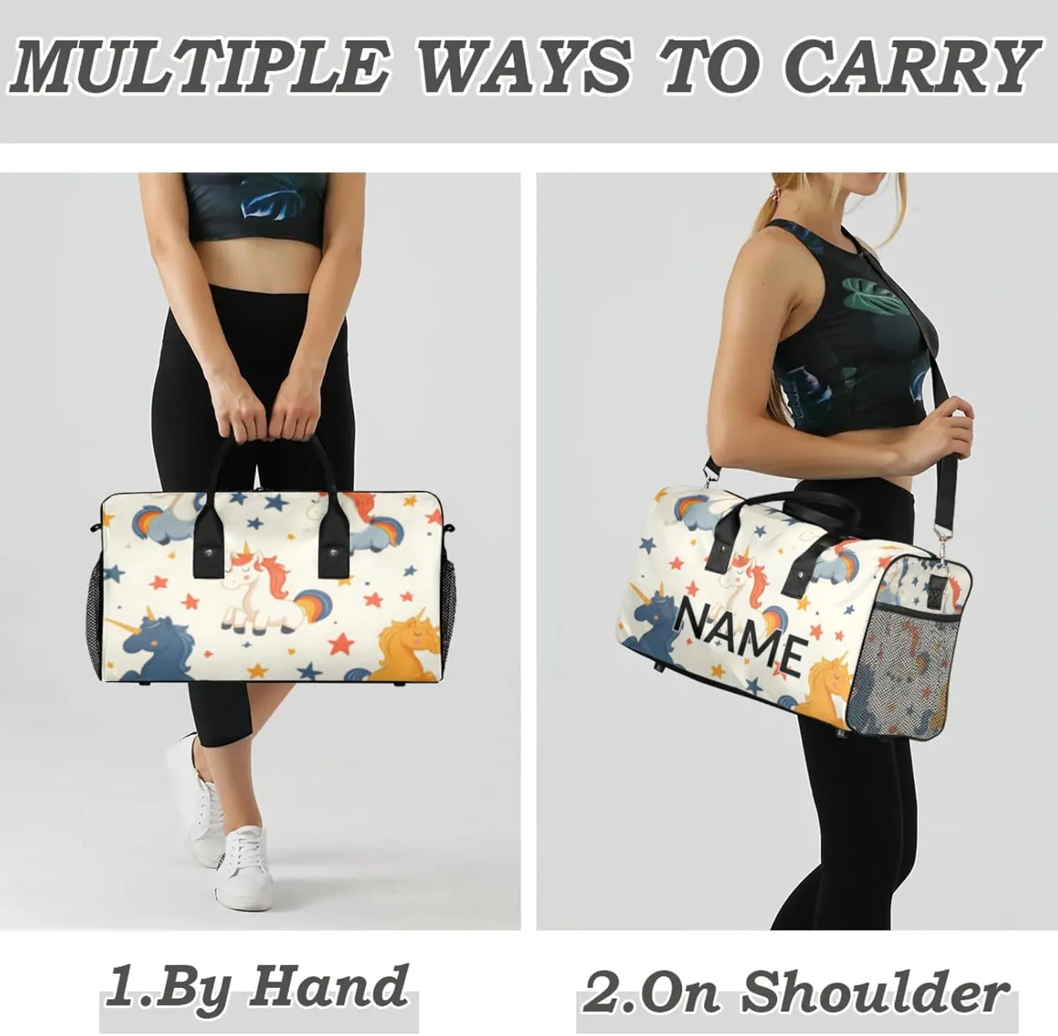 Personalized Unicorn Travel Duffel Bag with Name, Custom Gym Sport Bag Fun Cartoon Carry On Weekend Overnight Duffel Bag for Men Women