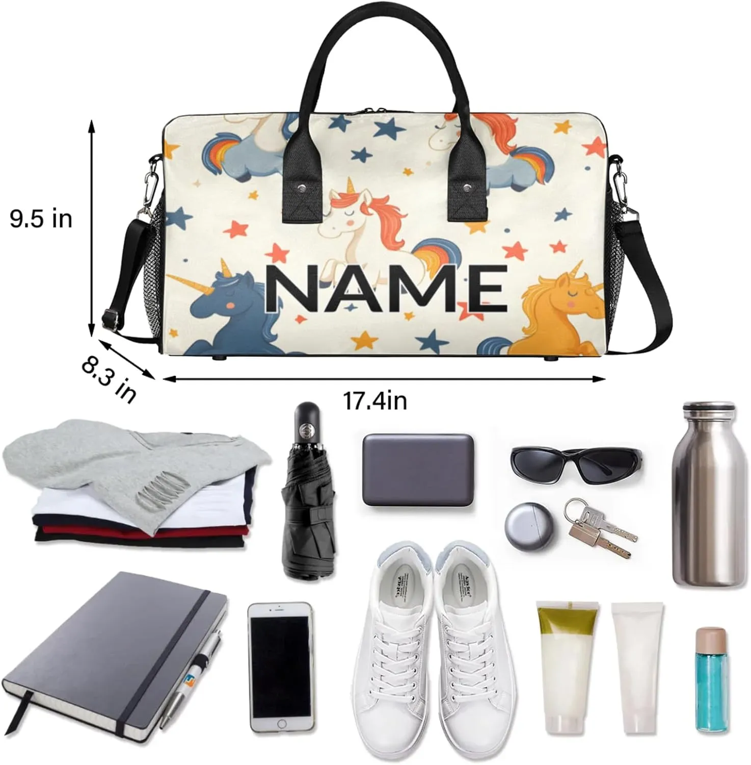 Personalized Unicorn Travel Duffel Bag with Name, Custom Gym Sport Bag Fun Cartoon Carry On Weekend Overnight Duffel Bag for Men Women