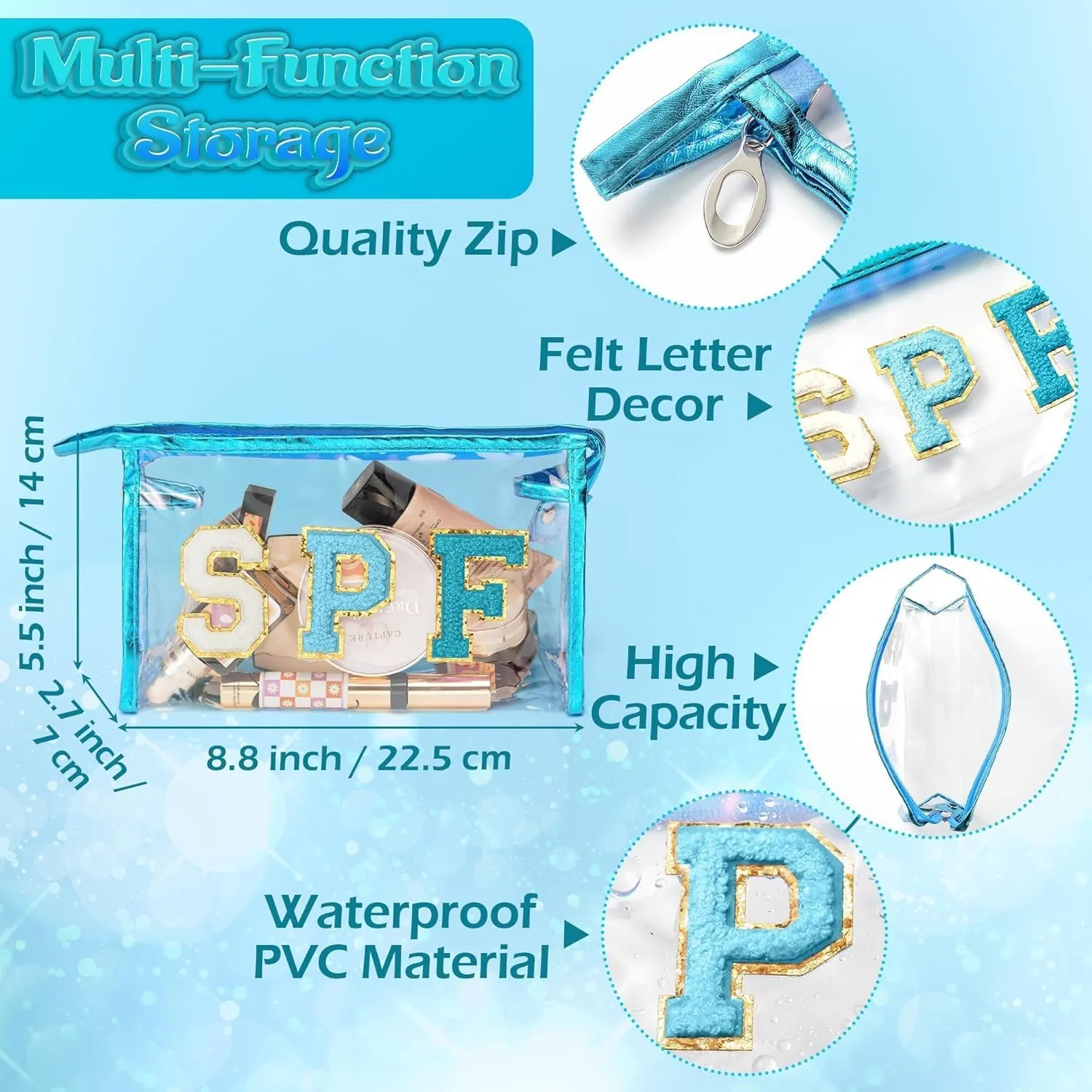 Preppy Patch SPF Clear Cosmetic Bag Valentine's Day SPF Varsity Letter Toiletry Makeup Bag Waterproof PVC Cosmetic Case Multi-Function Zippered Pouch for Beach Pool, Pencil Pen Case(Blue)
