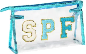Preppy Patch SPF Clear Cosmetic Bag Valentine's Day SPF Varsity Letter Toiletry Makeup Bag Waterproof PVC Cosmetic Case Multi-Function Zippered Pouch for Beach Pool, Pencil Pen Case(Blue)