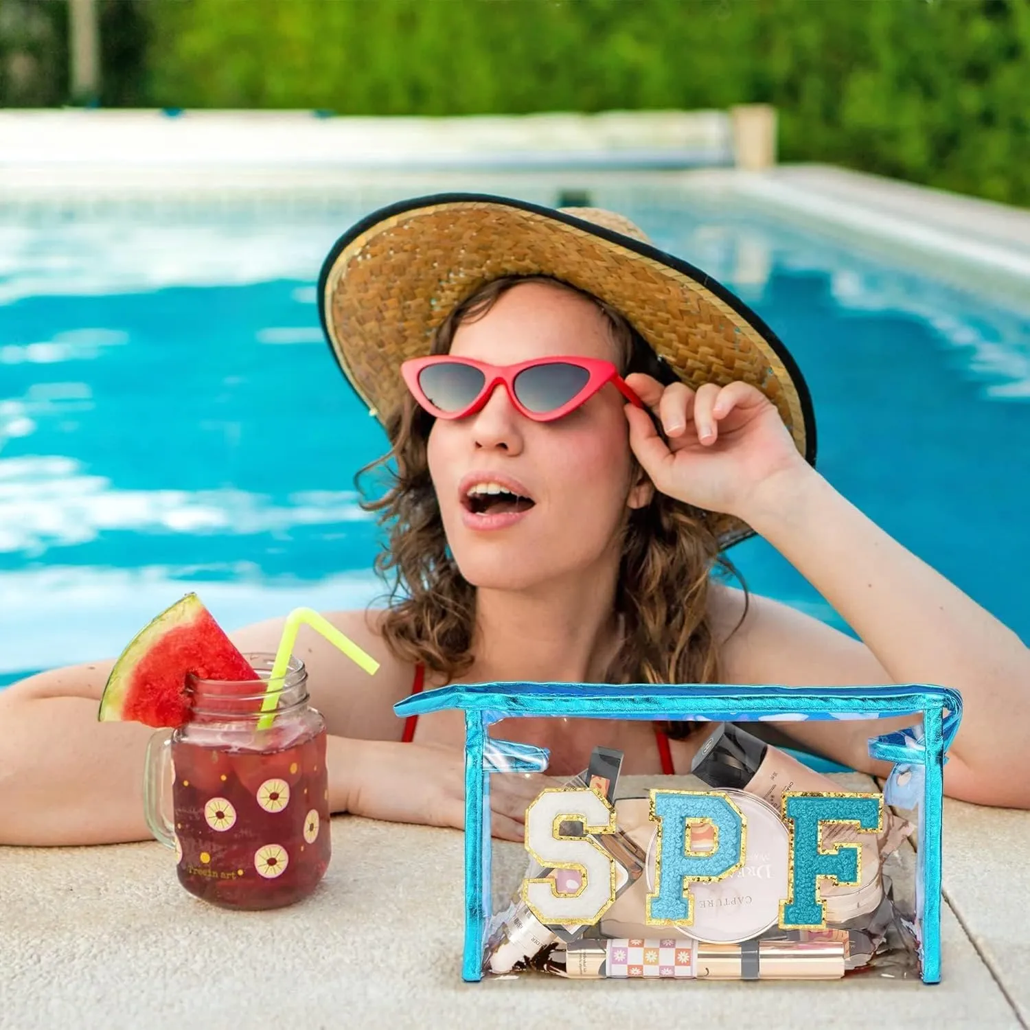 Preppy Patch SPF Clear Cosmetic Bag Valentine's Day SPF Varsity Letter Toiletry Makeup Bag Waterproof PVC Cosmetic Case Multi-Function Zippered Pouch for Beach Pool, Pencil Pen Case(Blue)