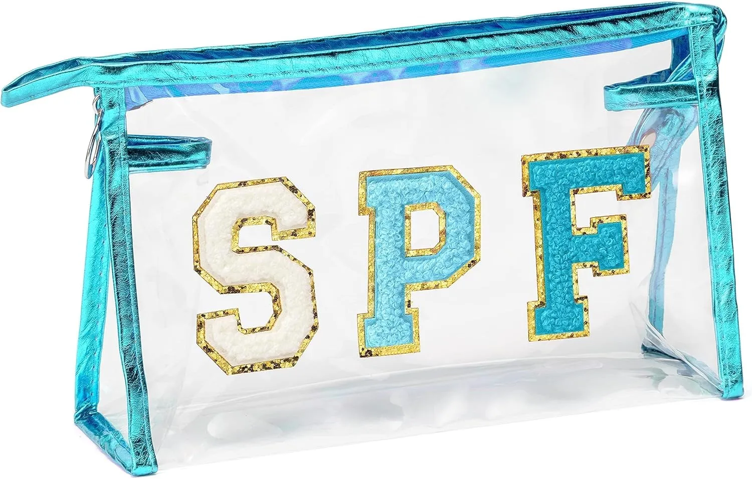 Preppy Patch SPF Clear Cosmetic Bag Valentine's Day SPF Varsity Letter Toiletry Makeup Bag Waterproof PVC Cosmetic Case Multi-Function Zippered Pouch for Beach Pool, Pencil Pen Case(Blue)