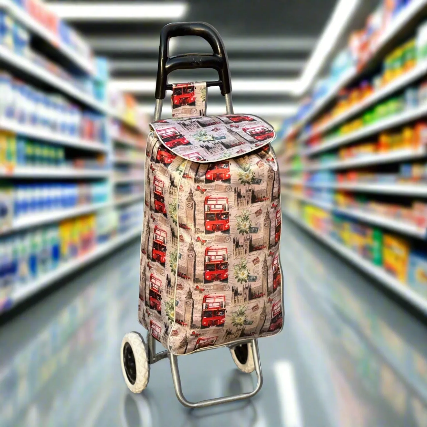 Printed Foldable Grocery Shopping Trolley Bag with Two Wheels | Portable Rolling Shopping Cart