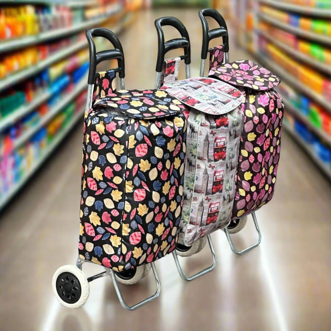 Printed Foldable Grocery Shopping Trolley Bag with Two Wheels | Portable Rolling Shopping Cart