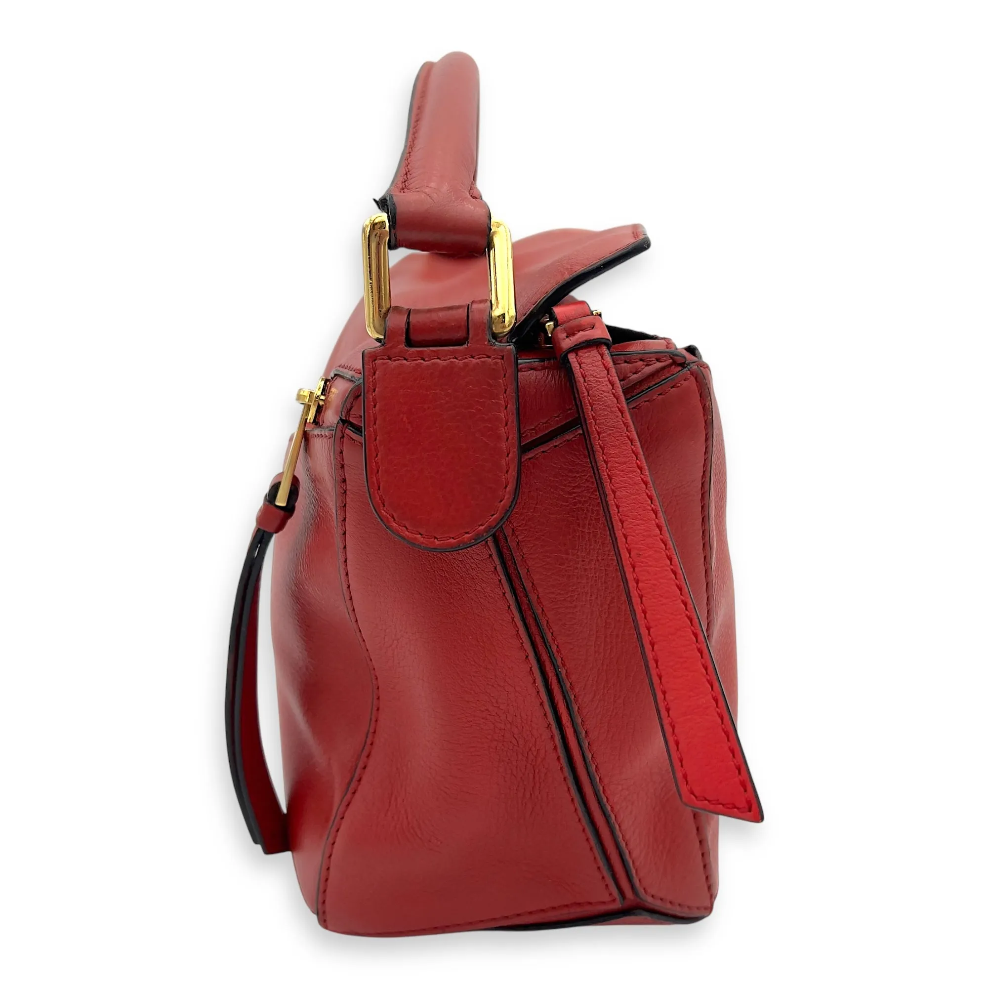 Puzzle Small Red Top Handle Bag in Calfskin, Gold hardware