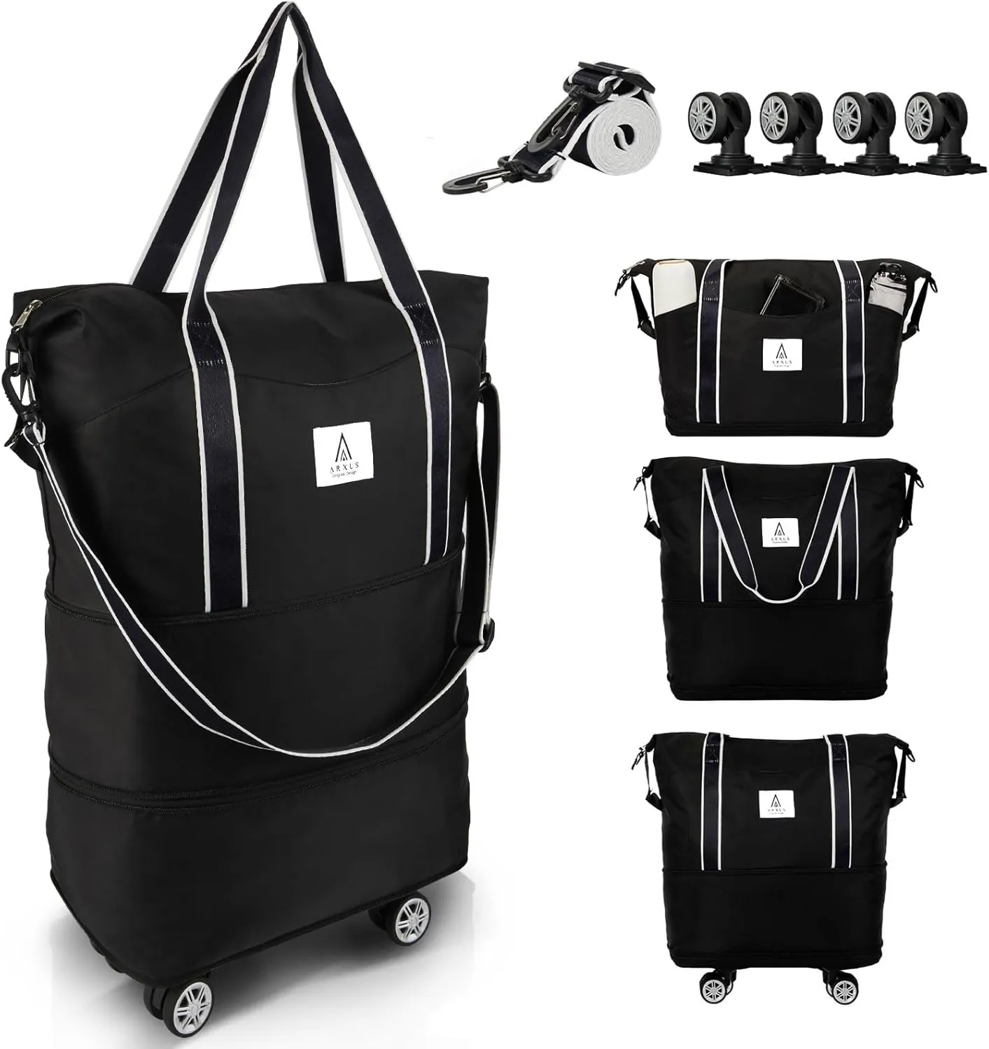 Rolling Duffle Bag with Detachable Wheels and Adjustable Shoulder Strap, Large Expandable Foldable Carry On Luggage Bag with Handle and Suitcase Sleeve, Weekender Bag for Travel Airplane 25L-55L