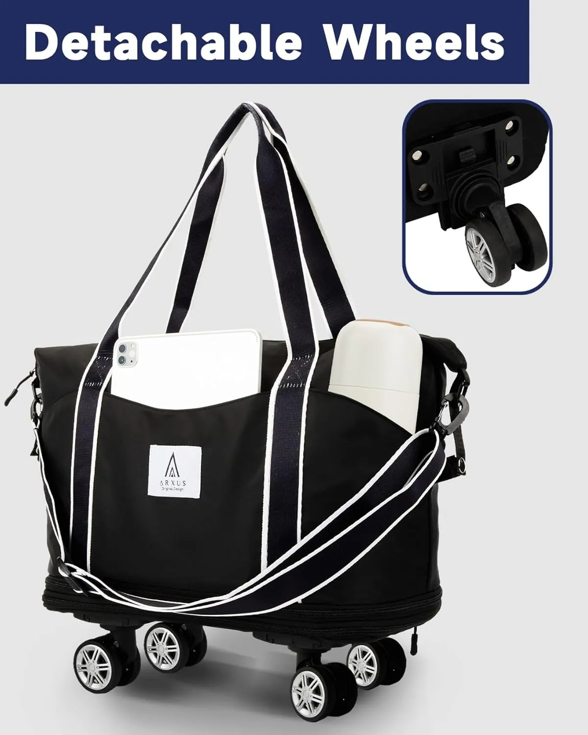 Rolling Duffle Bag with Detachable Wheels and Adjustable Shoulder Strap, Large Expandable Foldable Carry On Luggage Bag with Handle and Suitcase Sleeve, Weekender Bag for Travel Airplane 25L-55L