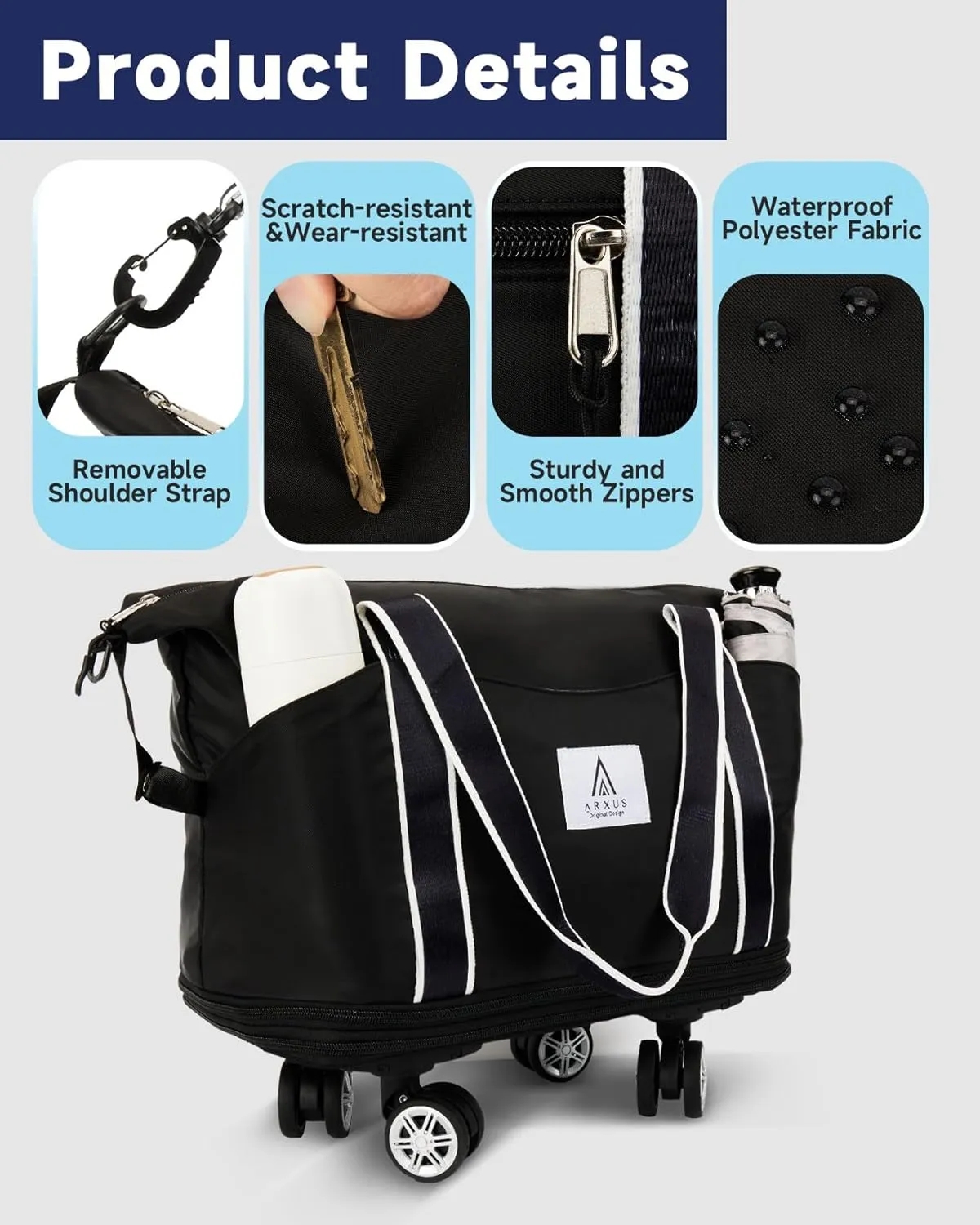 Rolling Duffle Bag with Detachable Wheels and Adjustable Shoulder Strap, Large Expandable Foldable Carry On Luggage Bag with Handle and Suitcase Sleeve, Weekender Bag for Travel Airplane 25L-55L