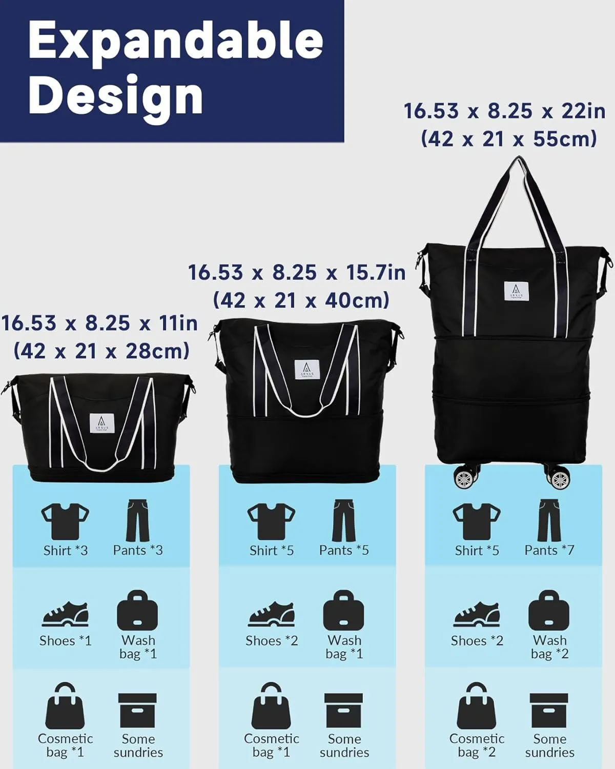 Rolling Duffle Bag with Detachable Wheels and Adjustable Shoulder Strap, Large Expandable Foldable Carry On Luggage Bag with Handle and Suitcase Sleeve, Weekender Bag for Travel Airplane 25L-55L