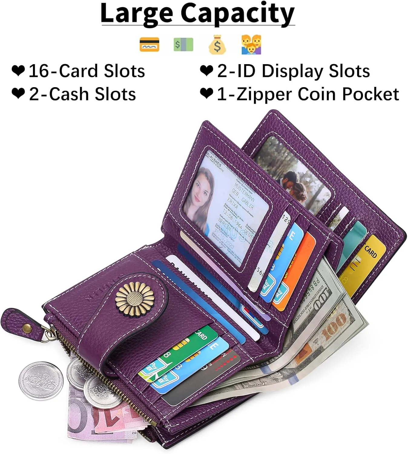 SENDEFN Small Womens Wallet Leather Bifold Card Holder RFID Blocking with Zipper Coin Pocket