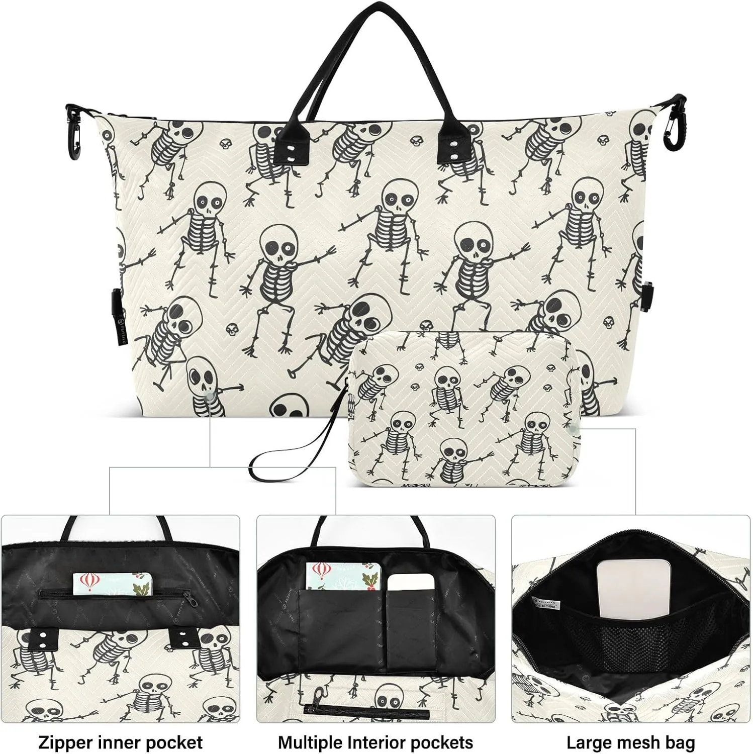 Skull Travel Duffle Gym Bag, Skeleton Skull Funny Style Weekender for Women with Toiletry Bag