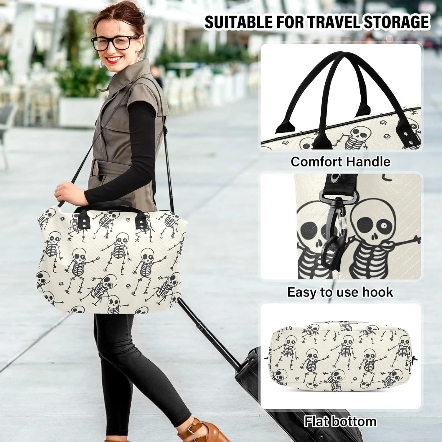 Skull Travel Duffle Gym Bag, Skeleton Skull Funny Style Weekender for Women with Toiletry Bag