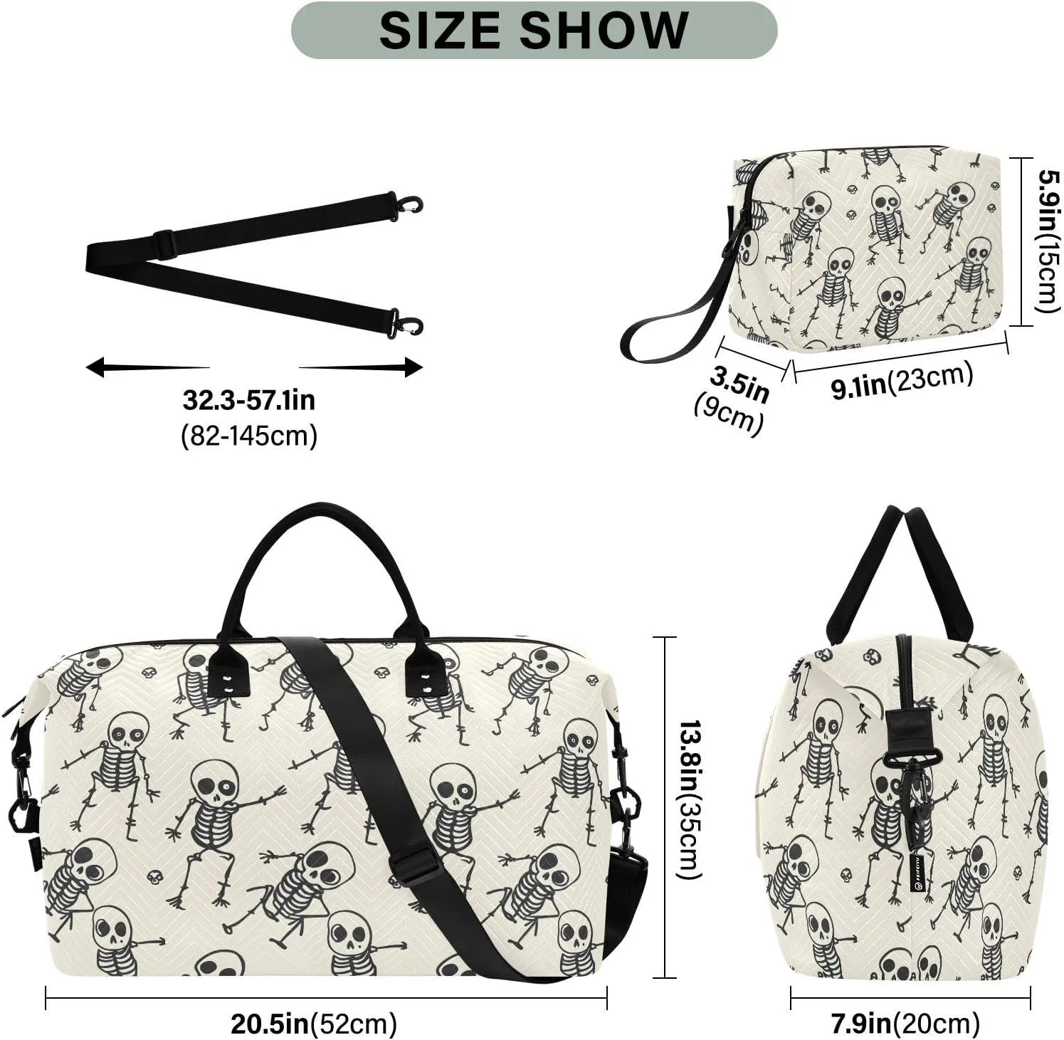 Skull Travel Duffle Gym Bag, Skeleton Skull Funny Style Weekender for Women with Toiletry Bag