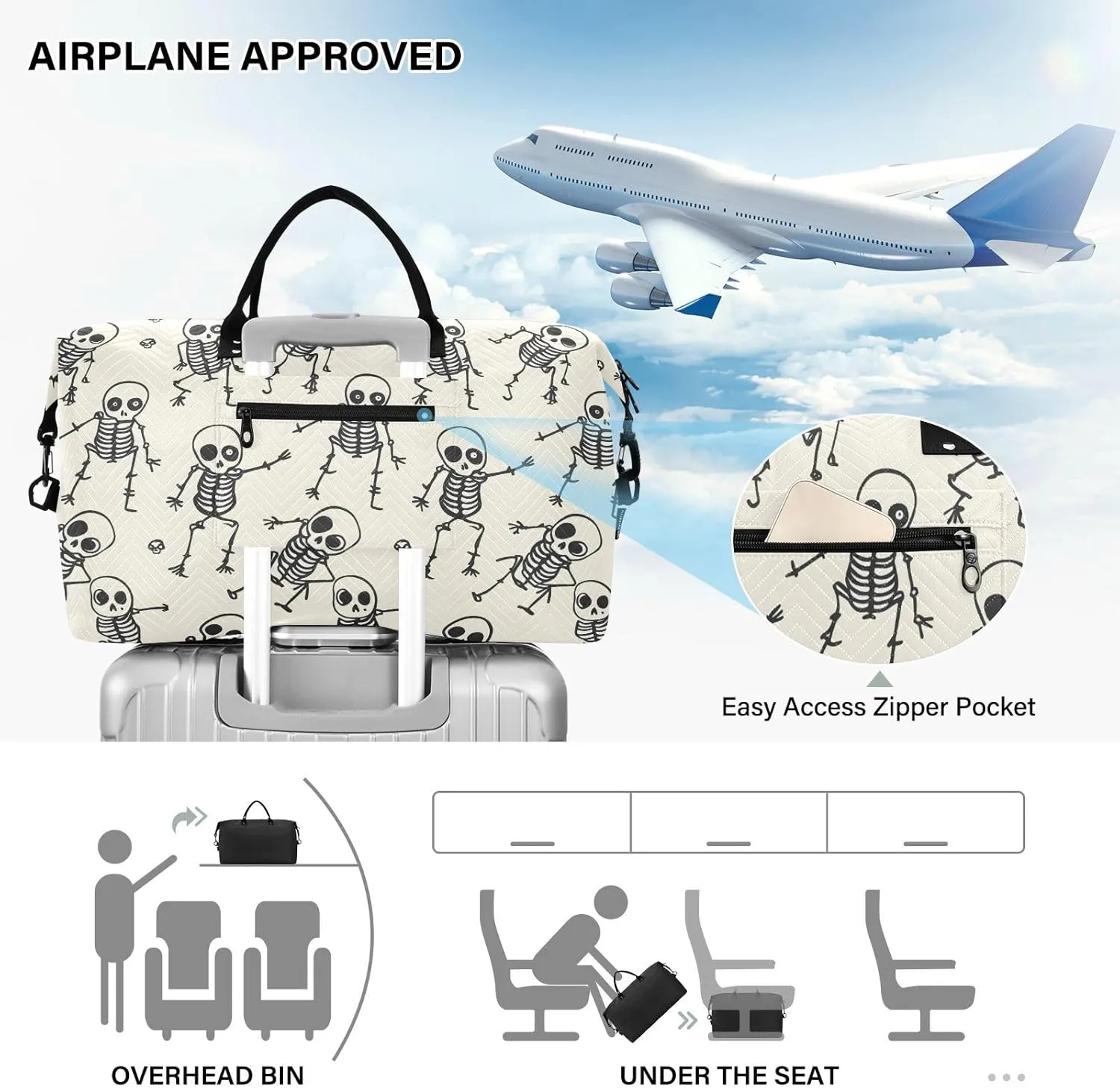 Skull Travel Duffle Gym Bag, Skeleton Skull Funny Style Weekender for Women with Toiletry Bag
