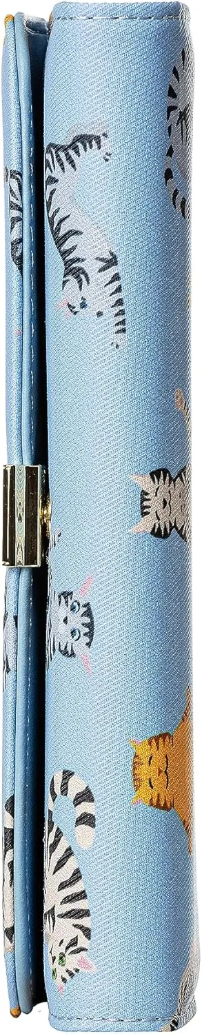 Slim Wallet Women RFID Blocking Clutch Long Trifold Wallet for Women, Credit Card Holder with Coin Purse and Zipper Wallet, Ladies Travel Purse, Cute Cat Design, Blue