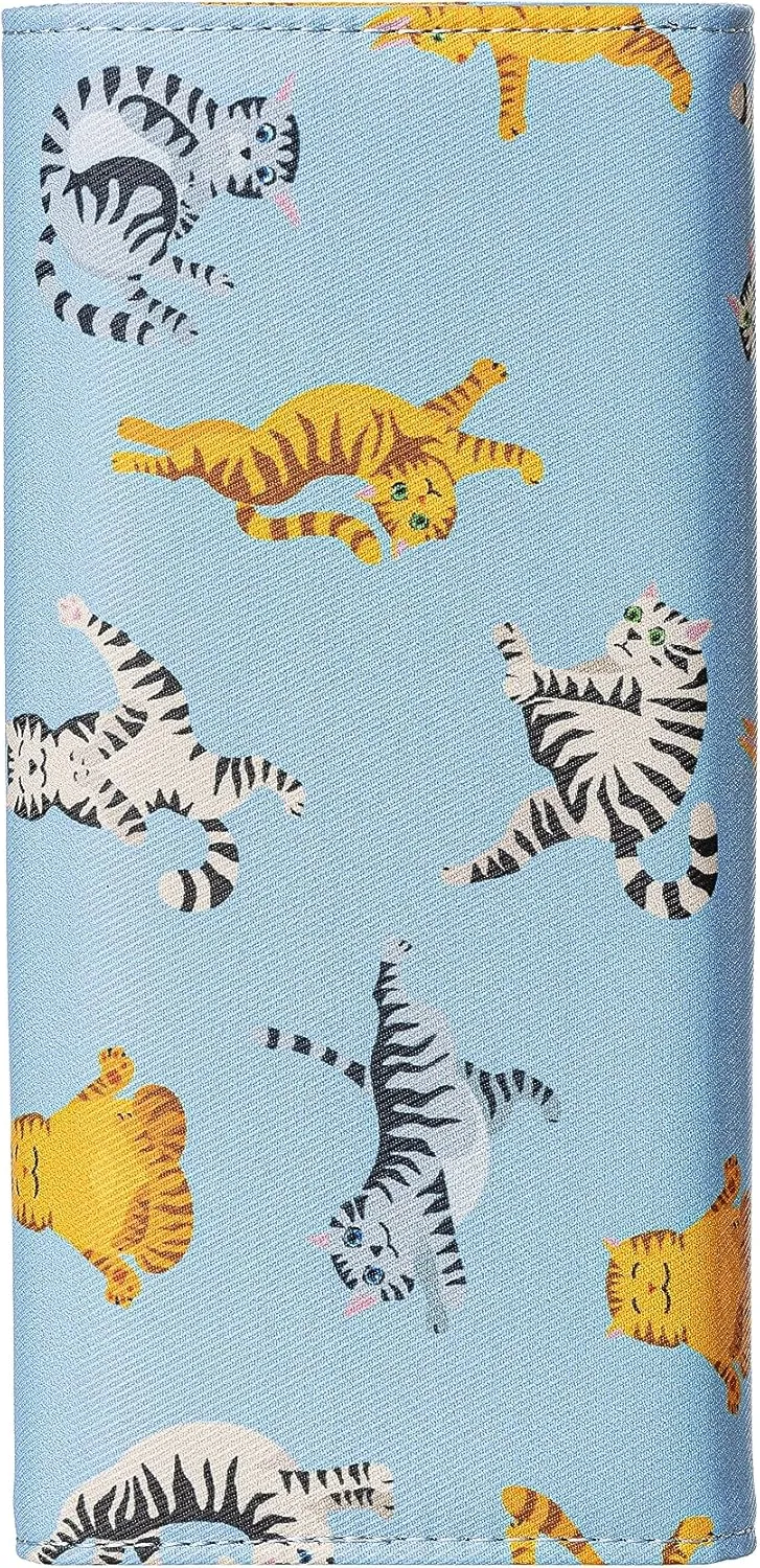Slim Wallet Women RFID Blocking Clutch Long Trifold Wallet for Women, Credit Card Holder with Coin Purse and Zipper Wallet, Ladies Travel Purse, Cute Cat Design, Blue