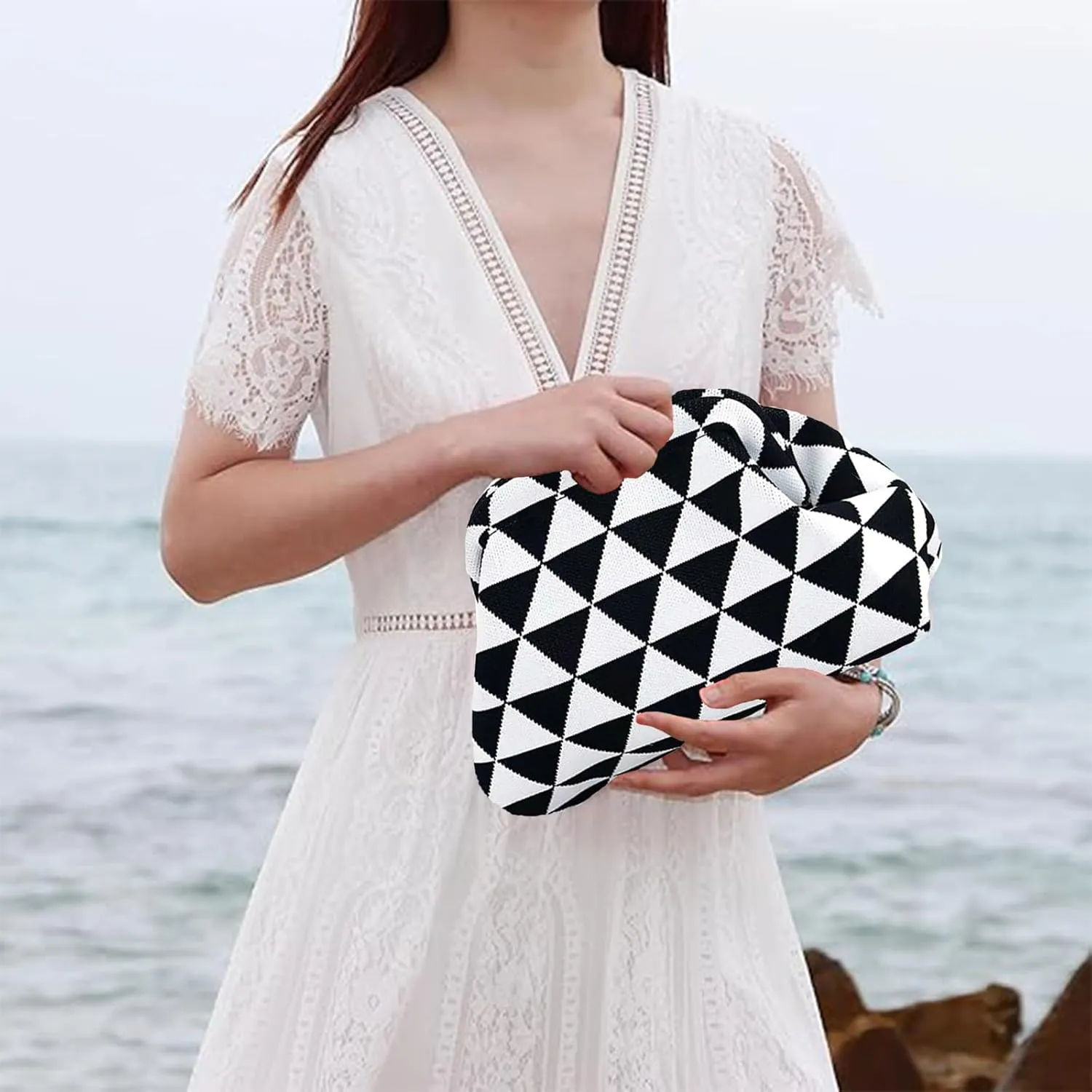 Summer Beach Dumpling Clutch Purses for Women,Woven Handbags Dumpling Clutch Ruched Cloud Purse Casual Colorblock Bag
