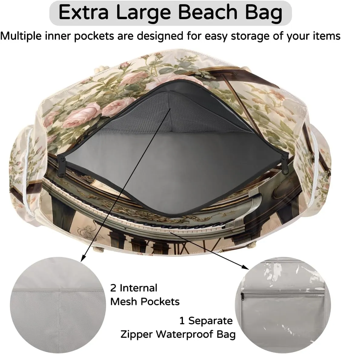 Tote Beach Bag for Women Large Zipper Beach Bags Waterproof Sandproof Cute Owls Gym Swim Pool Travel Bag