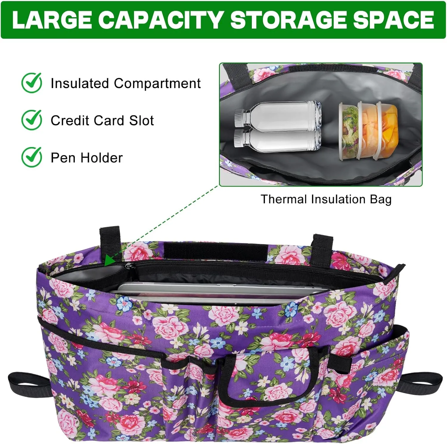 Walker Duffle Bag, Equipped with soft cooling compartment, Multiple pockets and Hand Free for Walkers, roller walkers, wheelchairs, and scooters