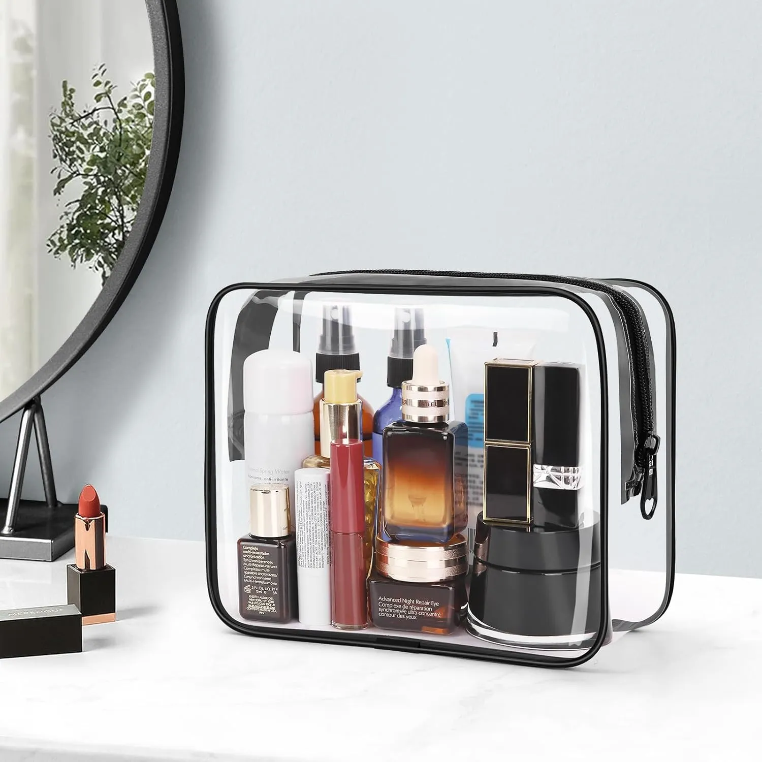 Wedama Clear Toiletry Bag, Cosmetic Bags 2 Pack with Zipper Carry on Airline Airport Travel Accessories, PVC Makeup Bags for Travel, Clear Bags for Women and Men-Black